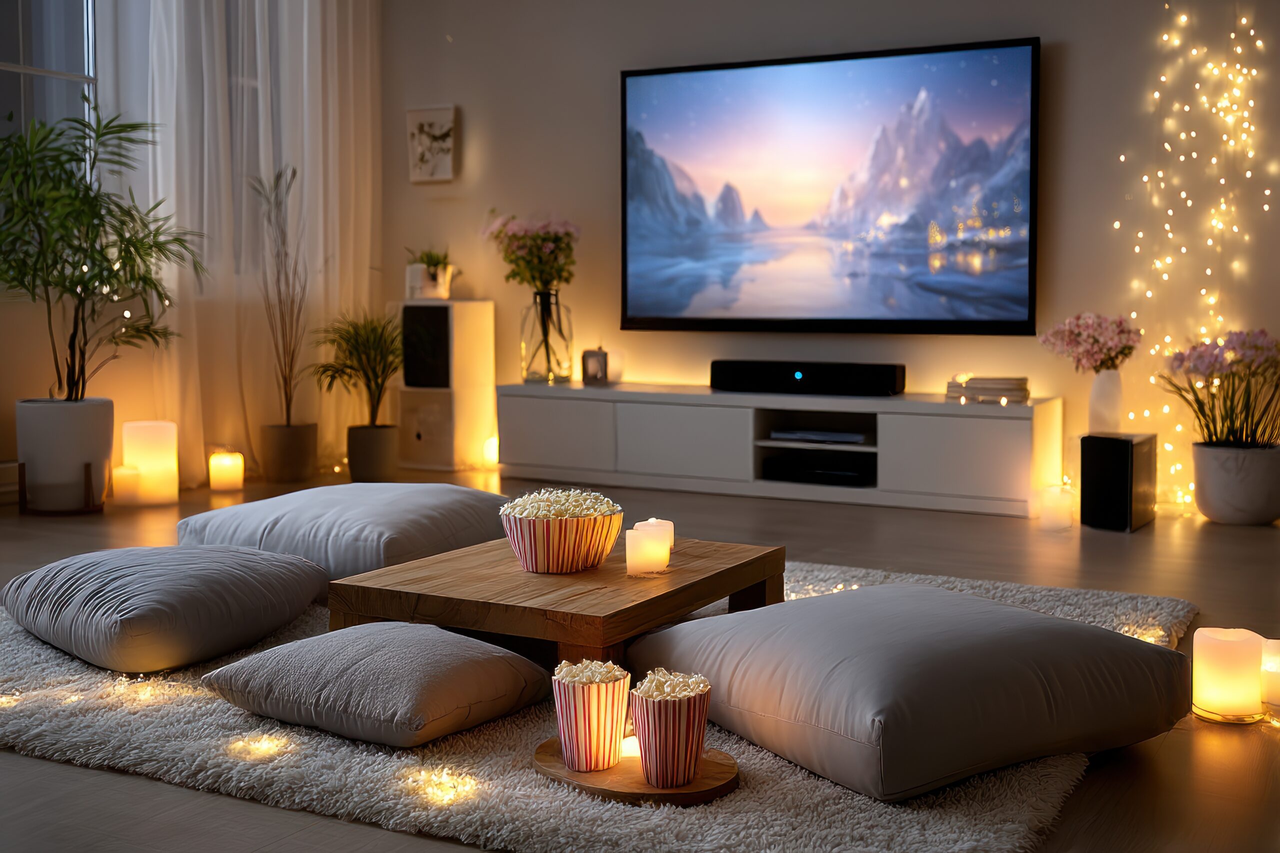 Cozy movie night setup with warm lighting, popcorn, and floor cushions in a peaceful living room.”